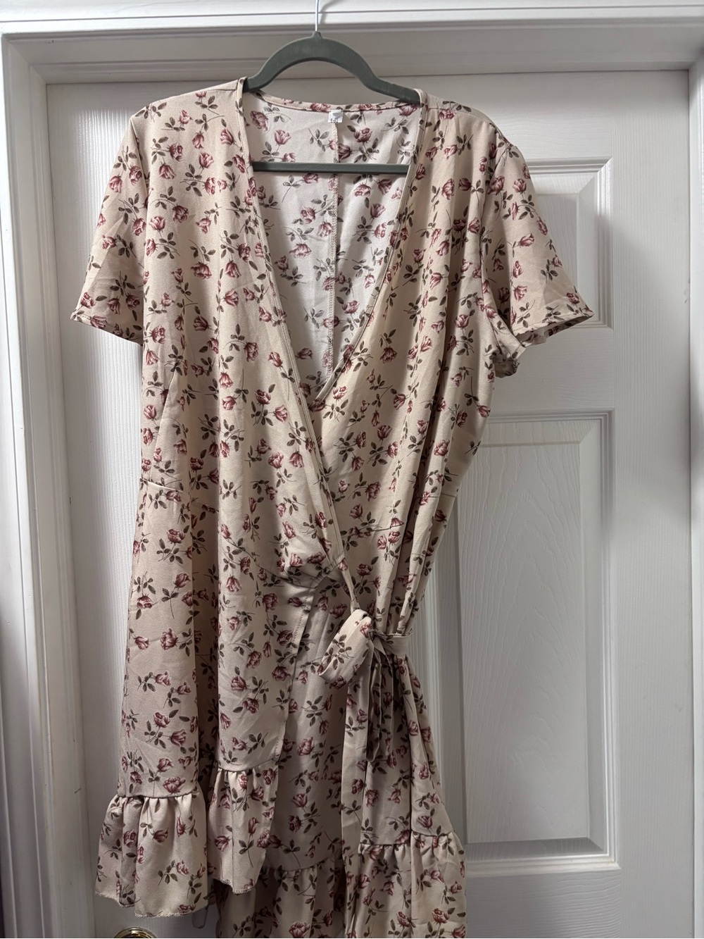 Floral Wrap Midi Dress - Beige with Rose Print